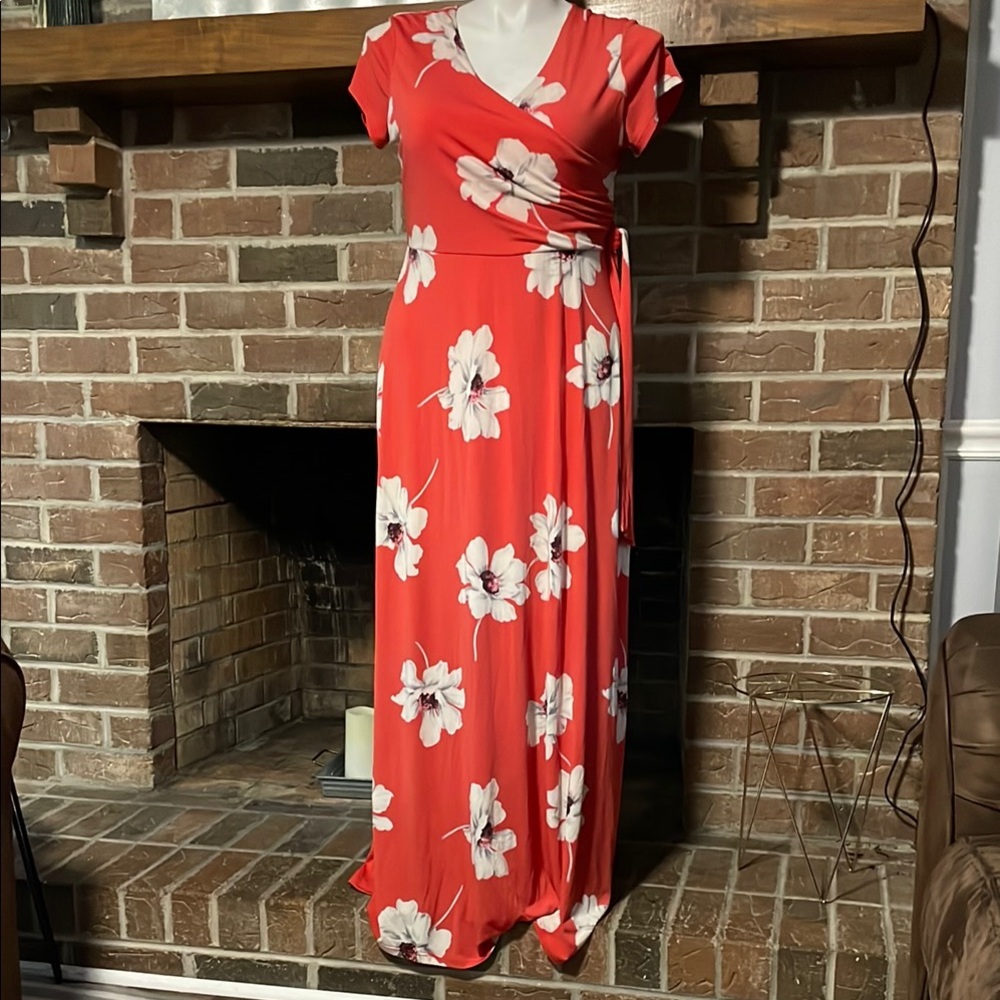 Red Sleeveless Wrap Maxi Dress with Flutter Sleeves